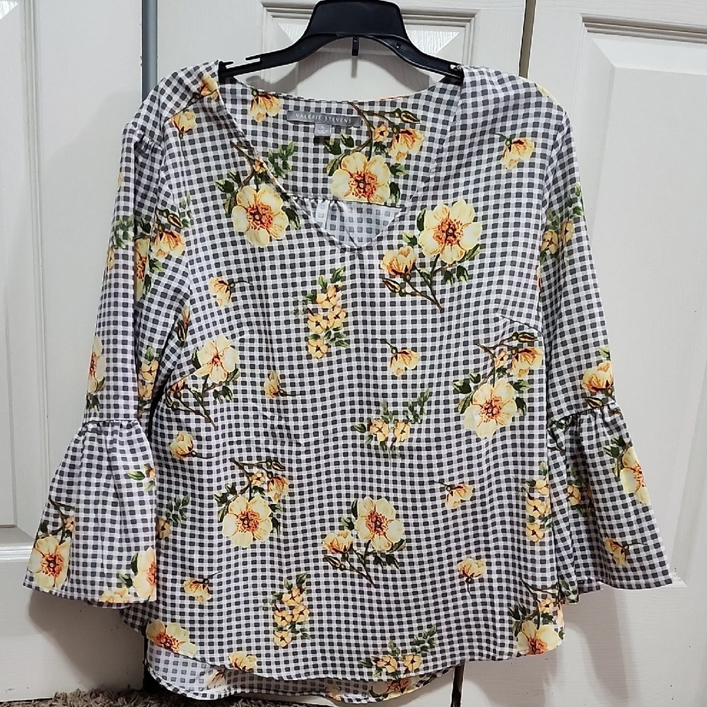 Valerie Stevens Gingham Blouse with Yellow Floral Accents